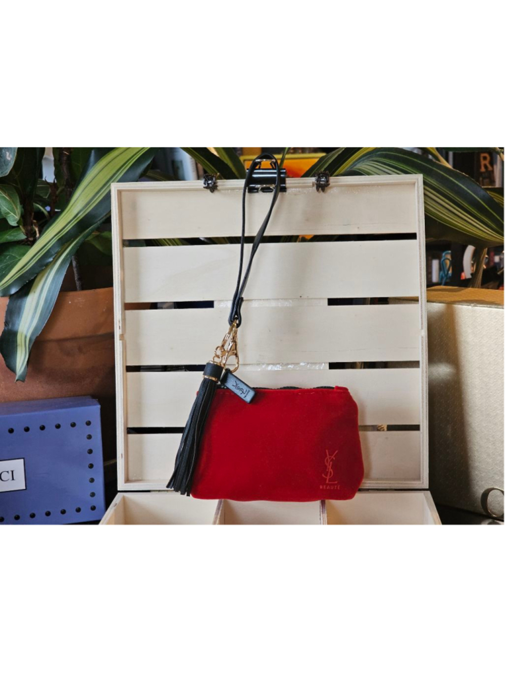 YSL Yves Saint Laurent Red Velvet Mini Clutch w/Wristlet Added